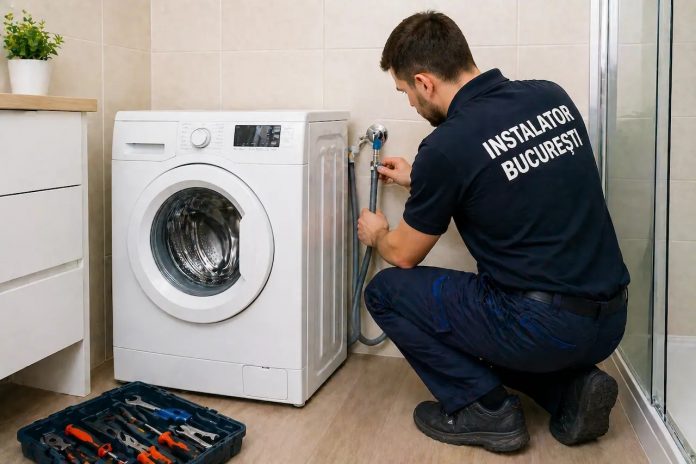 montaj-masina-de-spalat-ce-trebuie-sa-stiti-pentru-o-instalare-corecta-si-fara-probleme.jpg Instalator care conectează o mașină de spălat la rețeaua de apă și canalizare într-un apartament din București